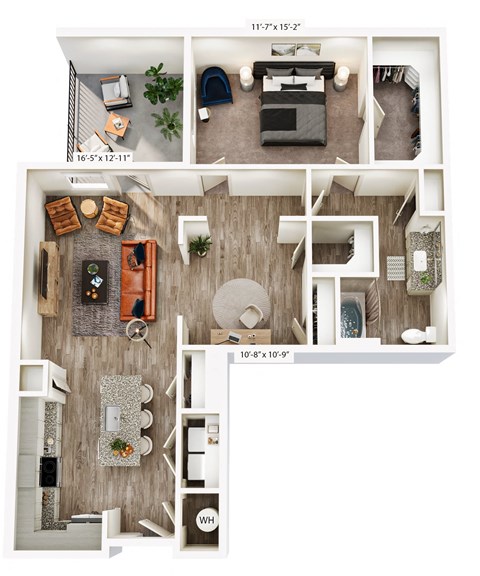 Floor plan for 1 bed, 1 bath, 1080 sqft